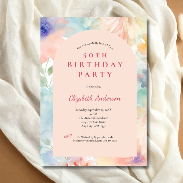 Pastell Rosa Blommig Modern Båge 50-årsdag För Hen Inbjudningar (Pastel Pink Floral Elegant 50th Birthday party invitation for he. Printed or Digital Download)