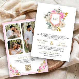 Pastell Rosa Blommig QR-kod Foto Kam Wedding Inbjudningar