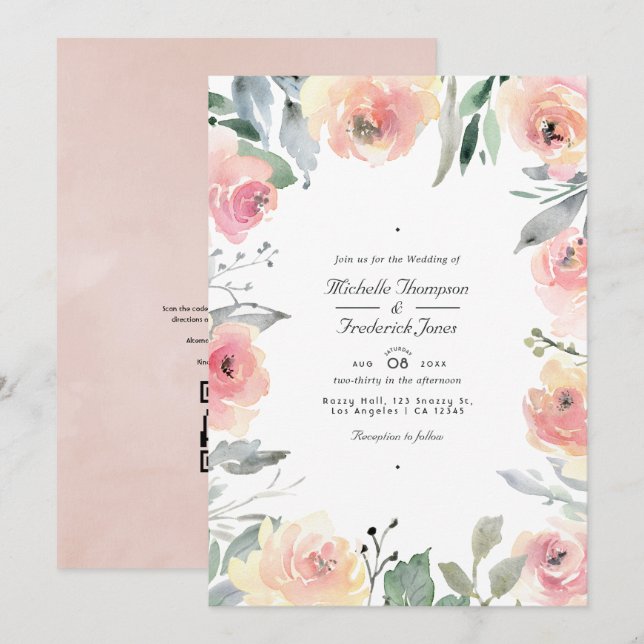 Pastell Rosa Blommig QR-kod RSVP Bröllop Inbjudningar (Fram/baksida)