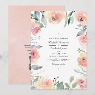 Pastell Rosa Blommig QR-kod RSVP Bröllop Inbjudningar