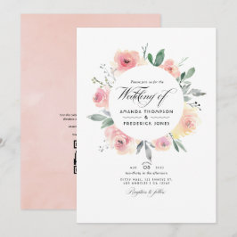 Pastell Rosa Blommig QR-kod RSVP Bröllop Inbjudningar