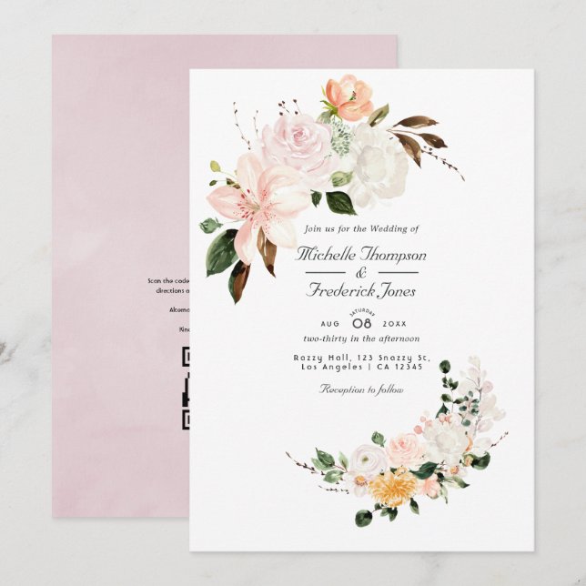 Pastell Rosa Blommig QR-kod RSVP Bröllop Inbjudningar (Fram/baksida)