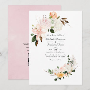 Pastell Rosa Blommig QR-kod RSVP Bröllop Inbjudningar