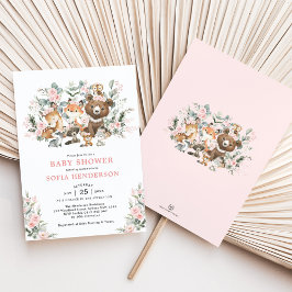 Pastell Rosa Blommiga Skogs Djur Baby Shower Inbjudningar