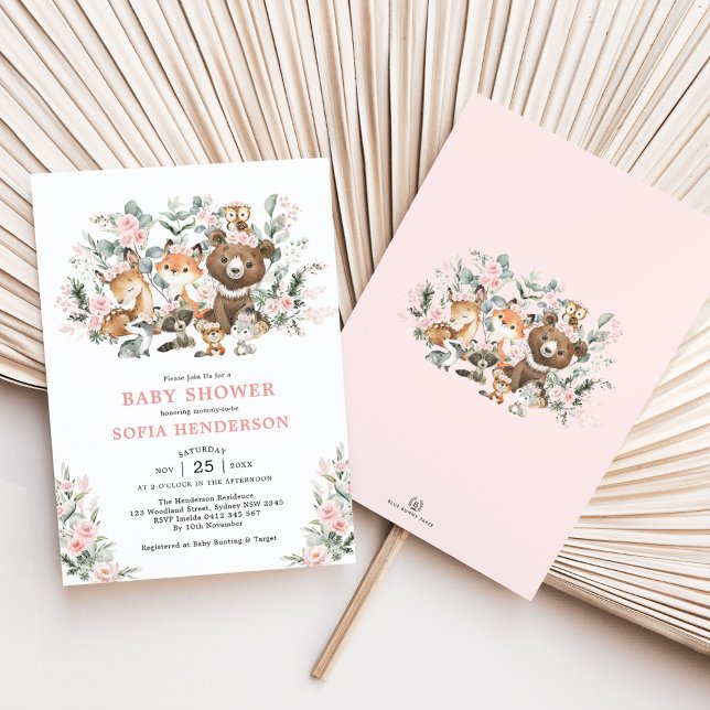 Pastell Rosa Blommiga Skogs Djur Baby Shower Inbjudningar (Skapare uppladdad)