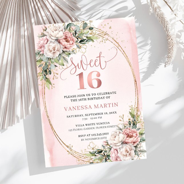 Pastell Rosa Blommor Grönska 16-års Födelsedagsinb Inbjudningar (Pastel Pink Flowers Greenery 16th Birthday Invitation Design

)