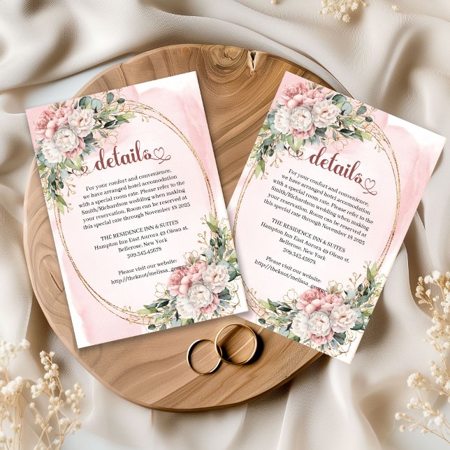 Pastell Rosa Blommor Grönska Bröllopsdetaljkort  Tilläggskort (Pastel Pink Flowers Greenery Wedding Details Card Design

)