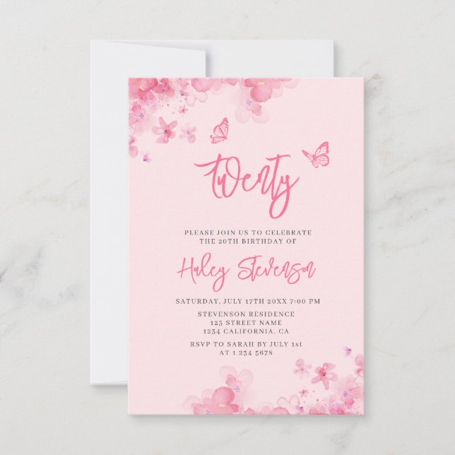 Pastell rosa blomstergent vattenfärg 20-årsdag inbjudningar (Framsida)