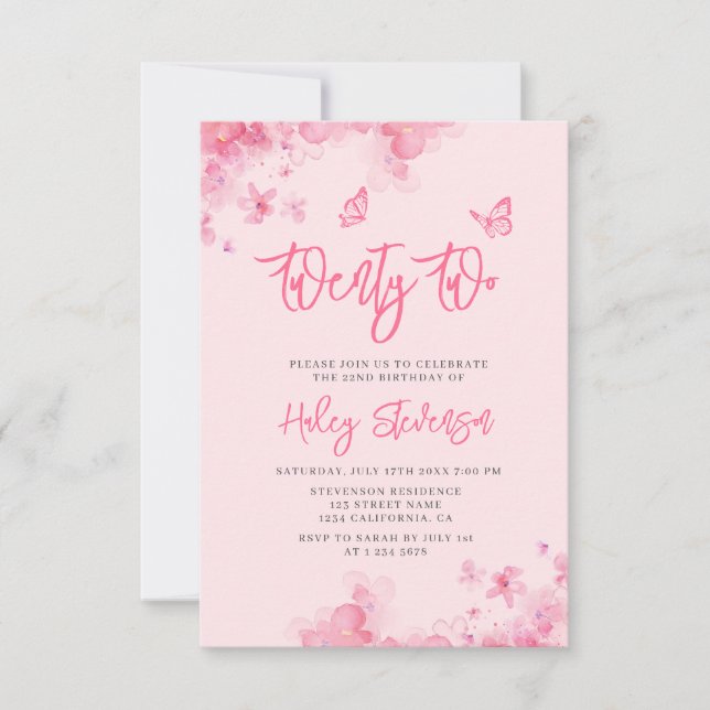 Pastell rosa blomstergent vattenfärg 22-årsdag I Inbjudningar (Framsida)