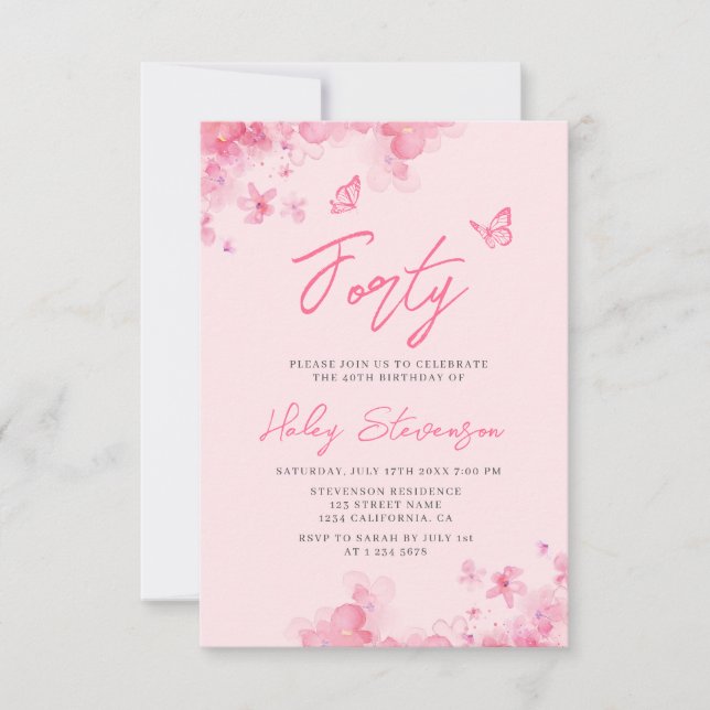 Pastell rosa blomstermjuk akvarell 40-årsdag inbjudningar (Framsida)
