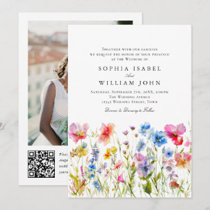Pastell Rosa Boho Vilda Blommor Bröllops QR-kod Fo Inbjudningar