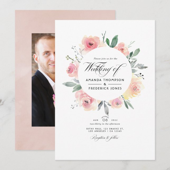 Pastell Rosa Bröllopsfoto med Blommor Inbjudningar (Fram/baksida)