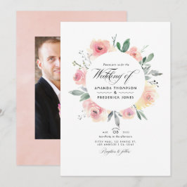 Pastell Rosa Bröllopsfoto med Blommor Inbjudningar