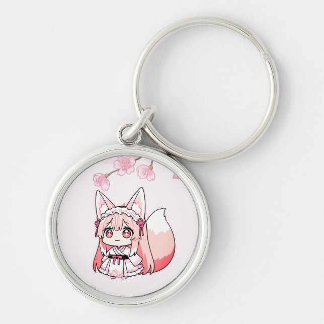 Pastell Rosa Chibi FoxFlicka med Körsbärsblom Rund Silverfärgad Nyckelring (Framsidan)