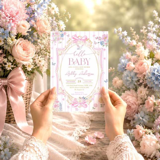 Pastell Rosa Coquette Blommig Flickbabyfirande Inbjudningar (Skapare uppladdad)