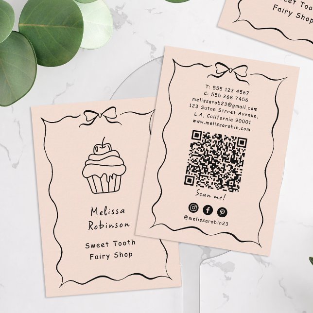 Pastell Rosa Cupcake Bageri, Coquette & QR-kod Visitkort (Skapare uppladdad)