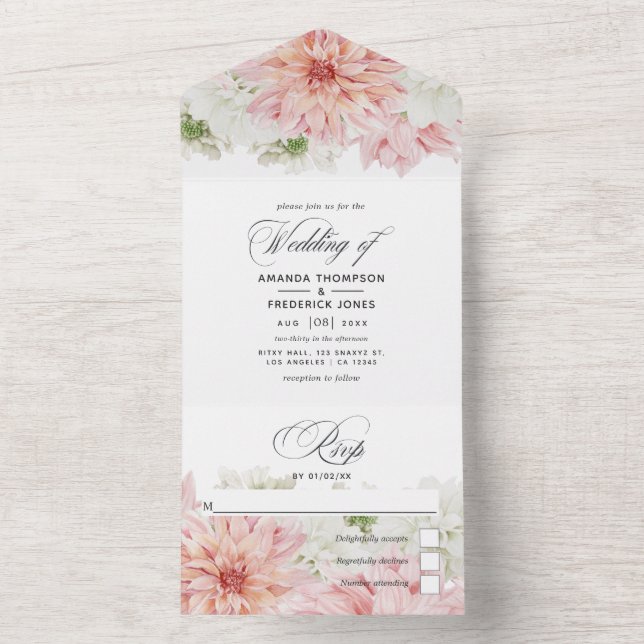 Pastell Rosa Dahlia Bröllopsinbjudan Allt I Ett (Insida)