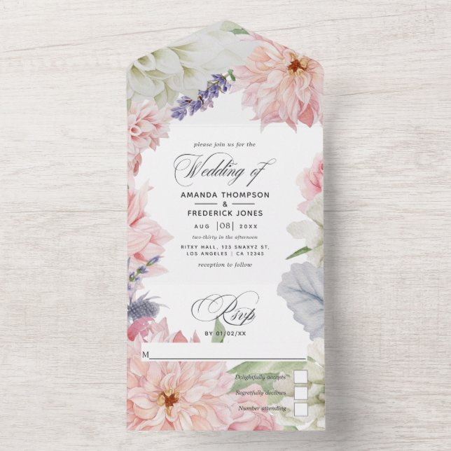 Pastell Rosa Dahlia Bröllopsinbjudan Allt I Ett (Insida)