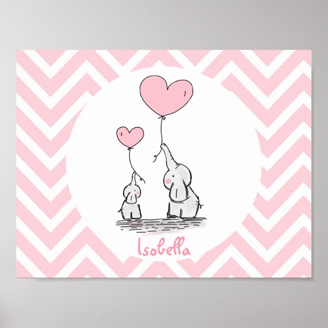 Pastell Rosa Elefant Personlig Babyflicka Poster (Framsidan)