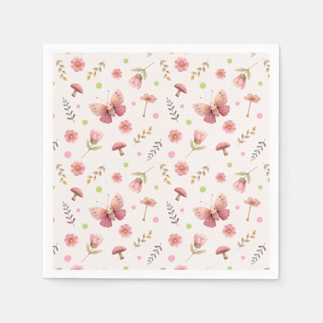 Pastell Rosa Fjäril & Blommande Botaniska Pappersservett (Framsidan)