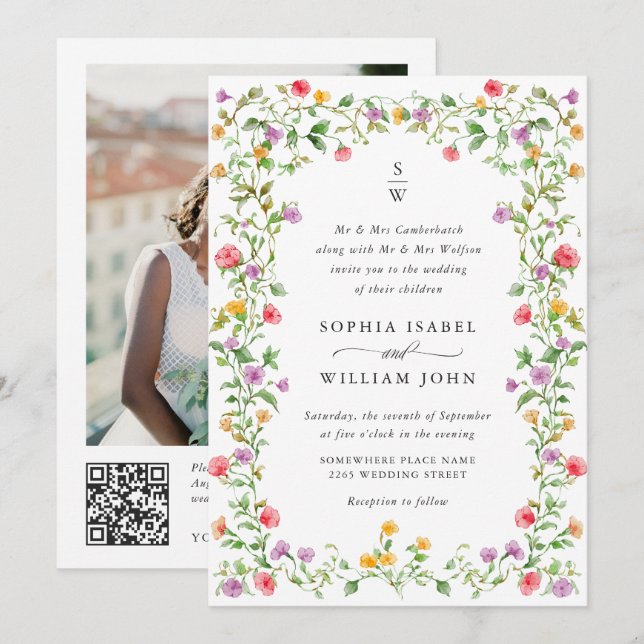 Pastell Rosa Franska Rosor Blommig Bröllops QR-kod Inbjudningar (Fram/baksida)