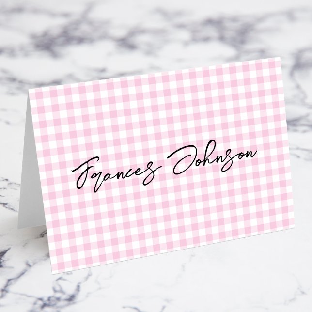 Pastell Rosa Gingham Namnkort för Platskort Bordsnummer (Pastel Pink Gingham Individual Name Place Cards)