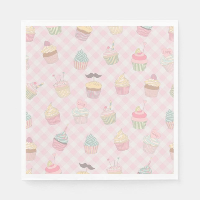 Pastell Rosa Gingham Söt Cupcake-mönster Pappersservett (Framsidan)
