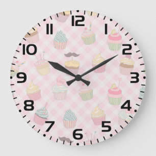 Pastell Rosa Gingham Söt Kakor Mönster Stor Klocka