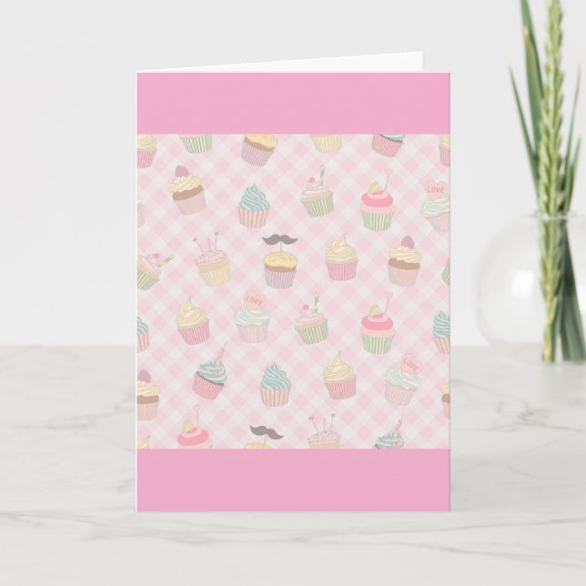 Pastell Rosa Gingham Söt Muffins Mönster Kort (Framsida)
