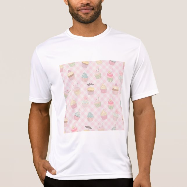 Pastell Rosa Gingham Söt Muffins Mönster T Shirt (Framsida)