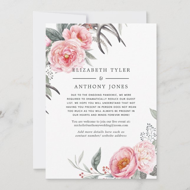 Pastell Rosa & Grå Boho Blommig Reducerad Gästlist Meddelande (Framsida)