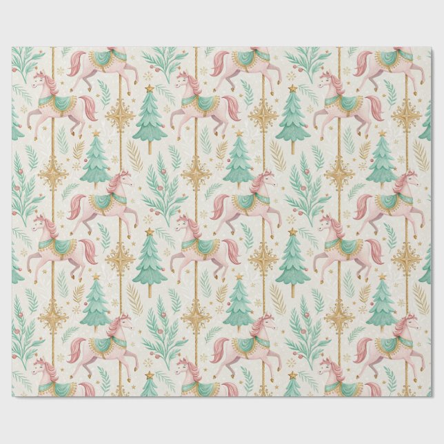 Pastell Rosa Gröna Hästar och Träd Presentpapper (Platt)