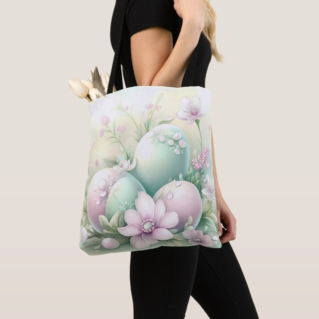 PASTELL ROSA & GRÖNA PÅSKEÄGG & BLOMMOR TYGKASSE (Närbild)