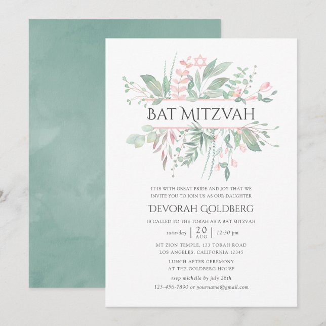 Pastell Rosa Grönska Bat Mitzvah Inbjudningar (Fram/baksida)
