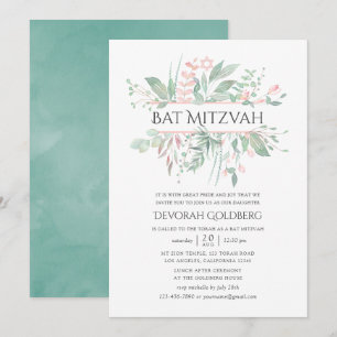 Pastell Rosa Grönska Bat Mitzvah Inbjudningar
