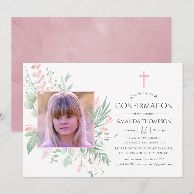 Pastell Rosa Grönska Bekräftelse Inbjudningar (Fram/baksida)