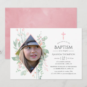 Pastell Rosa Grönska Dop eller Dåb Inbjudningar