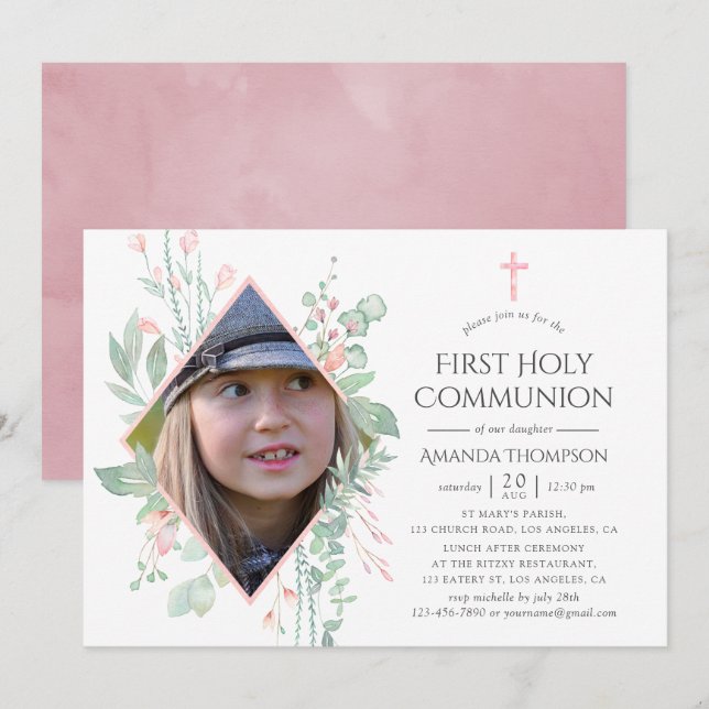 Pastell Rosa Grönska Första Nattvarden Inbjudningar (Fram/baksida)
