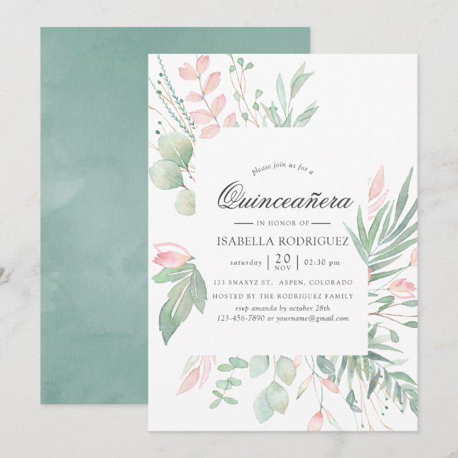 Pastell Rosa Grönska Quinceañera Inbjudningar (Fram/baksida)
