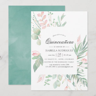 Pastell Rosa Grönska Quinceañera Inbjudningar