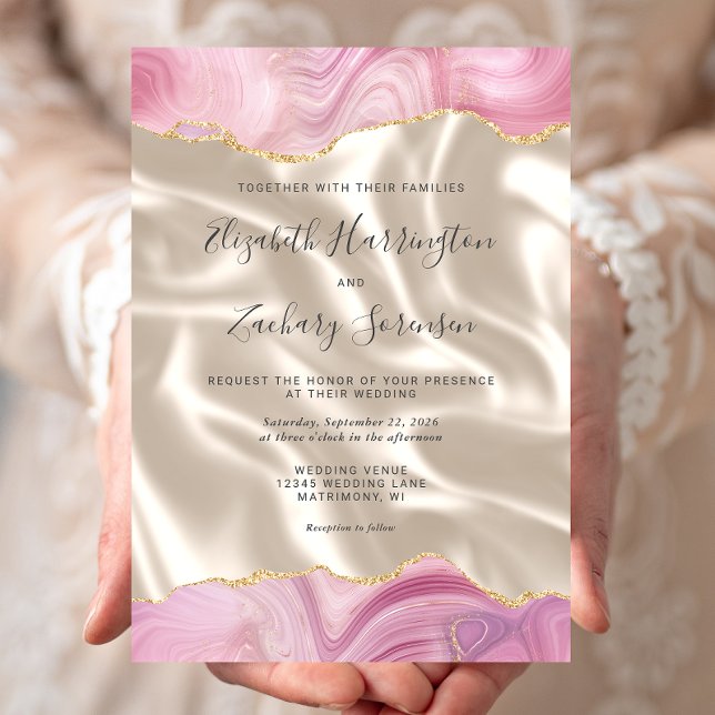 Pastell Rosa Guld Agat Elfenbens Silke Bröllop Inbjudningar (Skapare uppladdad)