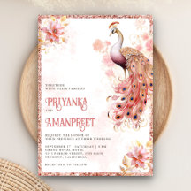 Pastell Rosa Guld Blommig Indisk Påfågel Bröllop