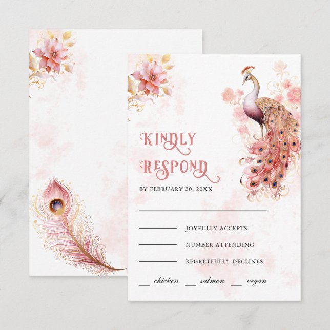 Pastell Rosa Guld Blommig Indisk Påfågel Bröllop OSA Kort (Fram/baksida)