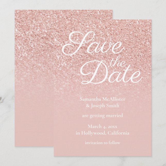 Pastell Rosa Guld Rouge Ombre Glitter Spara Datum Inbjudningar (Fram/baksida)