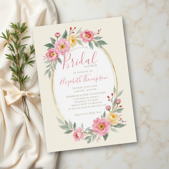Pastell Rosa Gult Blommigt Bröllopsfirande Inbjudningar (garden bridal shower invitation pastel peony roses pink blush butter yellow elegant summer backyard )