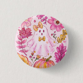 Pastell Rosa Halloween Spöke med Blommor och Pumpa Knapp