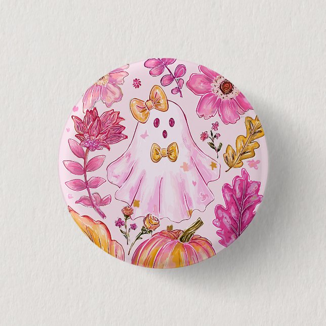 Pastell Rosa Halloween Spöke med Blommor och Pumpa Knapp (Framsida)