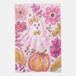 Pastell Rosa Halloween-spöke med blommor och pumpa Kökshandduk