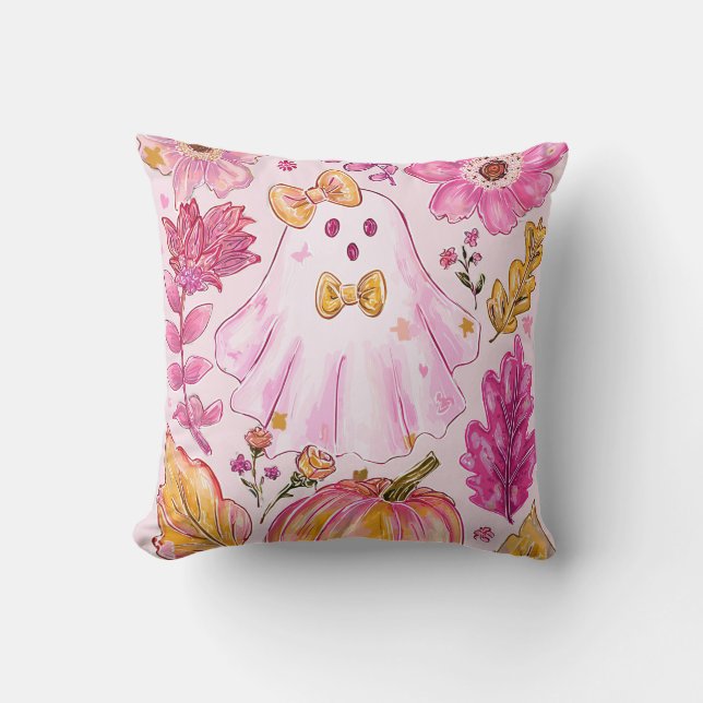 Pastell Rosa Halloween-spöke med blommor och pumpa Kudde (Framsida)