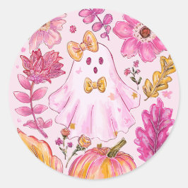 Pastell Rosa Halloween Spöke med Blommor och Pumpa Runt Klistermärke